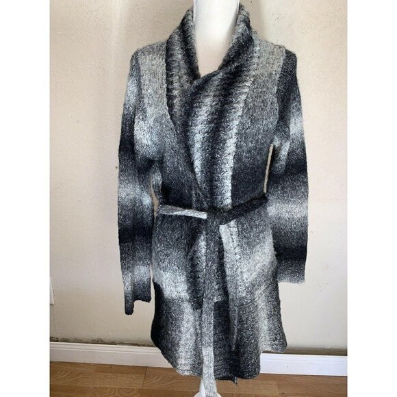 BRITTANY Black Wool Blend Belted Cardigan Knit Sweater E1 - Picture 1 of 4
